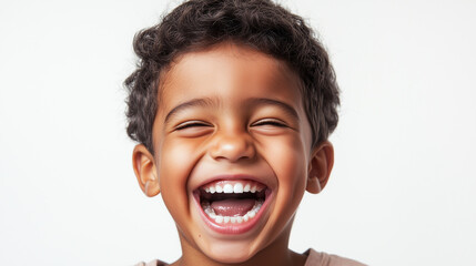 A young boy with a missing front tooth, smiling with pure joy and innocence, set against a white background to highlight the simplicity of childhood.