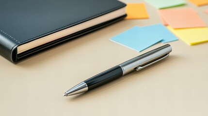 A close-up of modern stationery a sleek silver pen, an open leather-bound notebook, and scattered pastel sticky notes on a soft beige background, with natural daylight.