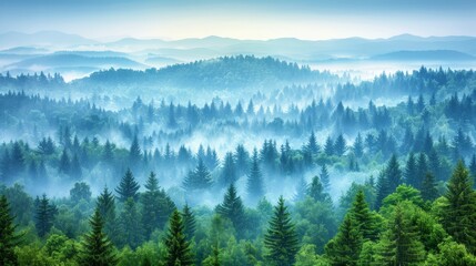 Obraz premium Misty mountain landscape featuring a fir forest in vintage retro aesthetic style