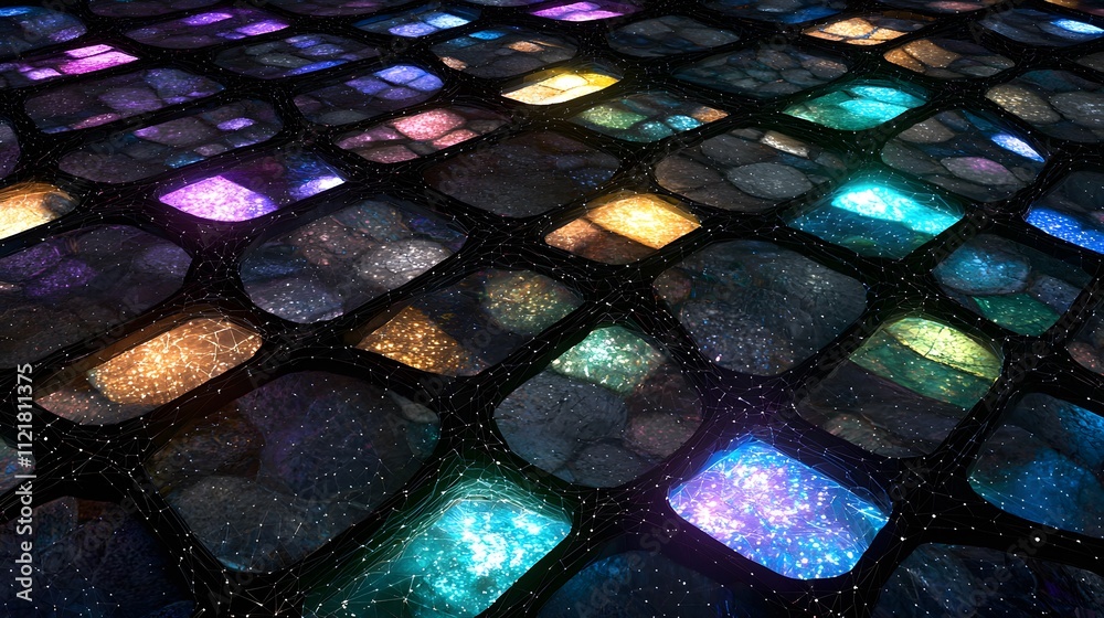 Aufkleber A grid pattern of interconnected nodes, each node glowing in a unique color to signify classification.