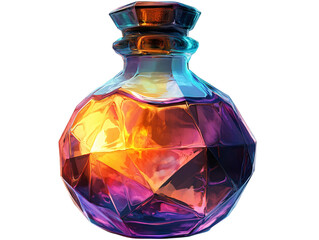 A colorful, faceted glass bottle with an artistic design, featuring vibrant hues of orange, purple, and blue on transparent background.