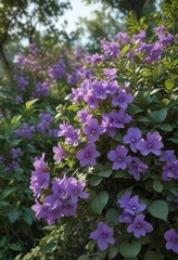 Fototapeta premium A delicate bush of violet flowers with shali violet blooms in a lush garden amidst greenery and foliage , foliage, colors