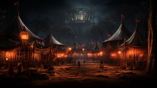 An enchanting circus under the night sky, with dazzling lights and a sense of wonder in the air.