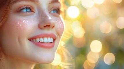 Fototapeta premium A woman with freckles on her face smiling at the camera