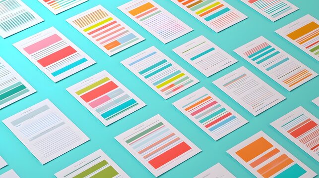 A flat layout of segmented data sheets arranged neatly on a clean desk.
