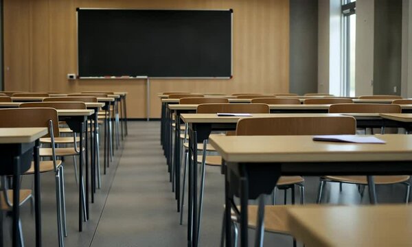 Empty classroom desks and chairs facing a blurred chalkboard.