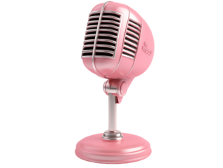 A vintage-style pink microphone with a classic design, showcasing a glossy finish and distinct grille pattern on transparent background.