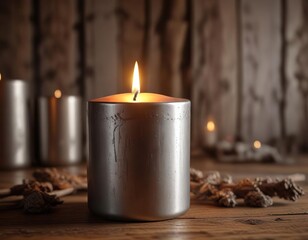 A large silver candle with a warm and cozy ambiance in a rustic environment , cabin, warm