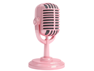 A vintage-style pink microphone with a classic design, featuring a round base and prominent grill, ideal for recording or performance settings on transparent background.
