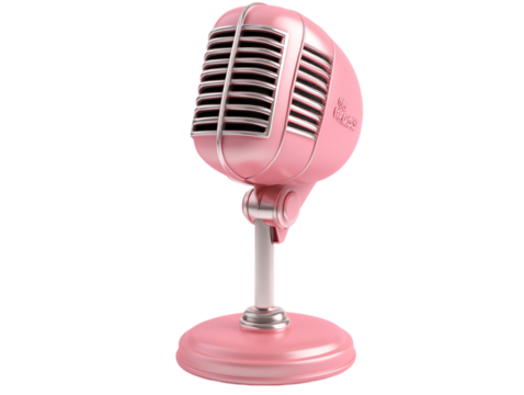 A vintage-style pink microphone with a classic design, showcasing a glossy finish and distinct grille pattern on transparent background.