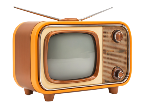 A vintage television set with a retro design featuring a curved screen and two knobs for tuning and volume control on transparent background.