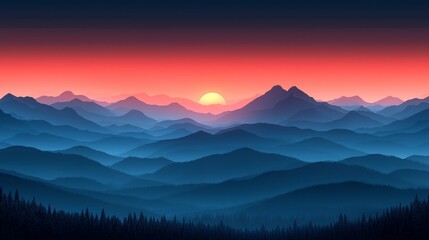A mountain landscape with a sunset in the background