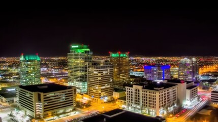 Obraz premium A vibrant city skyline illuminated at night, showcasing modern architecture and urban life.