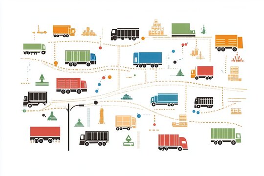 Colorful Map Illustrating Logistic Routes with Trucks