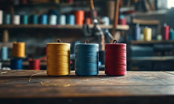 Three spools of thread in yellow, blue, and red on a wooden table in a workshop.