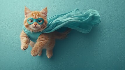 A cat wearing a blue cape and a pair of glasses