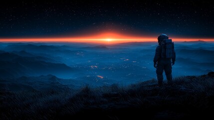 Fototapeta premium A man standing on top of a mountain looking at the sunset