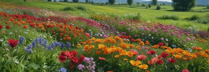 A small patch of vibrant flowers in a lush green field on a farm , flowers, garden, nature