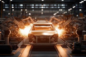 Fototapeta premium Automated car manufacturing process with robotic arms creating sparks at factory