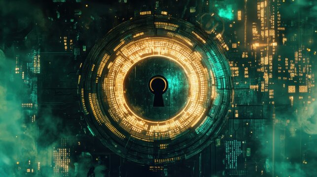 Shield icon with keyhole and floating binary code in futuristic setting