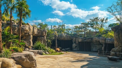 A large wildlife enclosure at a zoo, designed to replicate the natural habitat of the animals inside