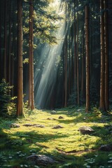 Fototapeta premium Sunbeams illuminate a tranquil forest path, dappled sunlight on mossy ground, tall trees.