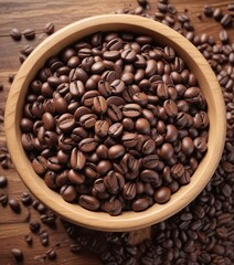 Fototapeta premium Aromatic coffee beans stacked in a wooden bowl , texture, tableware