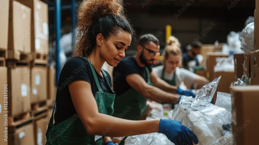 Poster volunteers sorting through donations in a warehouse.