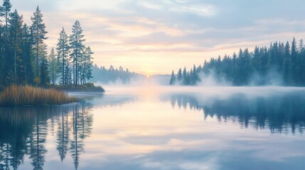 Fototapeta premium Serene sunrise, misty lake, pine trees reflected.