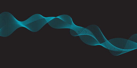 Modern multicolor wave of light is displayed on black background, Abstract wavy lines and neon glow on a black background, soundwave on a dark reflective surface.	