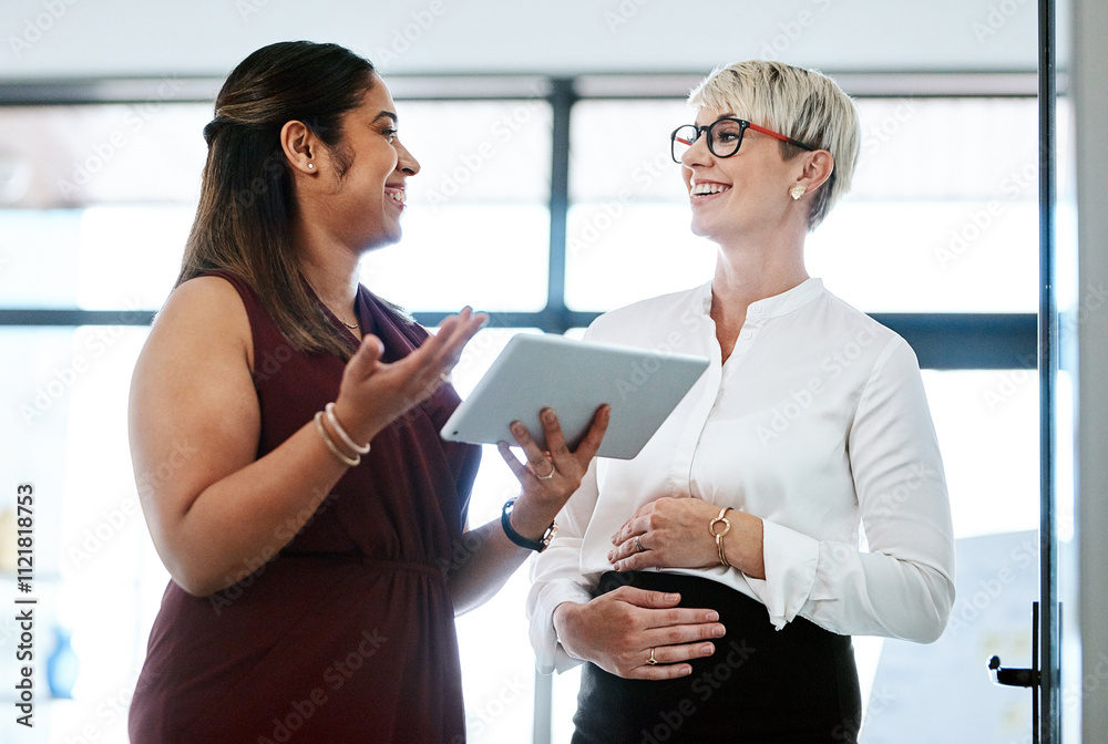 Aufkleber happy, meeting and business women on tablet in office for discussion, talking and networking. profes