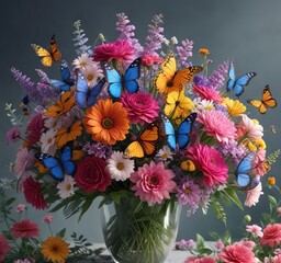 Colorful floral bouquet with butterflies perched on the flowers, perched insects, colorful blooms