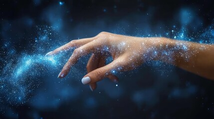 Fototapeta premium A woman's hand reaching out to touch a blue light