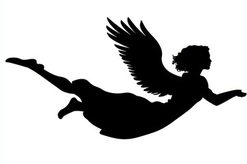 Fototapeta premium Black silhouette of a holy angel apparition in heaven on a white background.