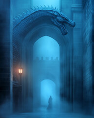 Fototapeta premium Mysterious figure walks under dragon archway at night