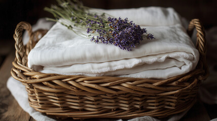 Obraz premium A woven wicker basket with a tight, textured weave, filled with folded white linens and sprigs of dried lavender, exuding a rustic charm.
