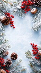 Snowy fir branches and berries christmas border flat lay