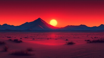 A desert landscape with mountains and a sunset in the background