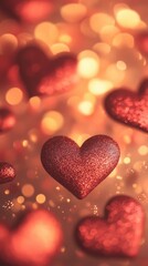 Fototapeta premium Valentines day banner with red and maroon hearts and gold sparkles
