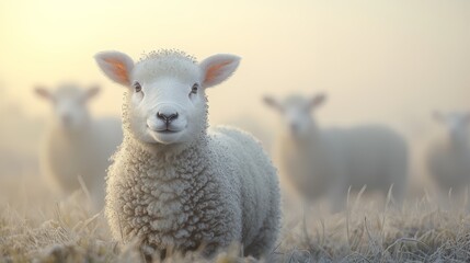Fototapeta premium A group of sheep standing on top of a grass covered field