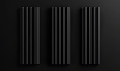 Obraz premium 黒い背景と模様のある立体的な黒い形状が並ぶアート作品