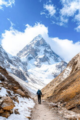 Fototapeta premium A man is walking on a path in front of a mountain