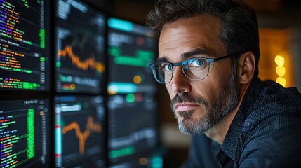 Fototapeta premium A man wearing glasses looking at a computer screen