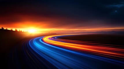 A long exposure shot of a road at sunset
