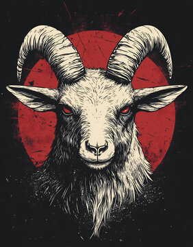 t-shirt design featuring an angry goat head with large horns, in a vintage horror style, on a black background. 