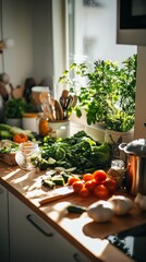 Sunlit kitchen counter with fresh vegetables and herbs by the window