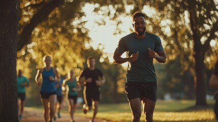 Fototapeta premium A diverse group of people jogging in a park, embracing an active and healthy lifestyle. 