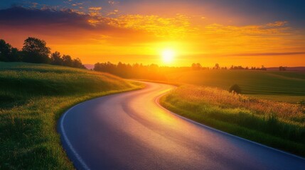 Obraz premium A Majestic Sunset Over the Winding Road Amidst Lush Green Fields and Vibrant Skies