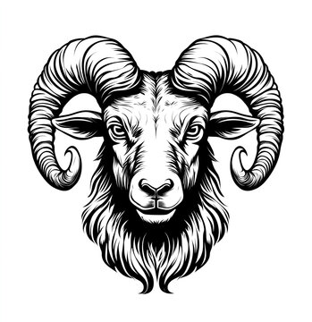 Black and white vector graphic of the head of an angry ram on a solid white background