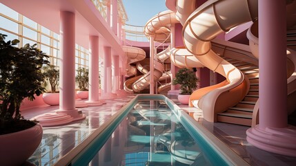 A whimsical waterpark featuring pastel pink slides and turquoise pools, perfect for indoor fun.
